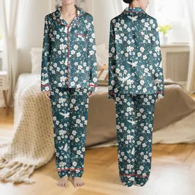 Women's Deep Teal Illustrative White Cherry Blossom Rust Branch Crane Flight Pattern Satin Pajamas Set