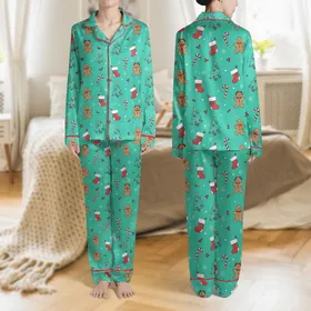 Women's Cheerful Turquoise Green Gingerbread Men Christmas Trees Candy Canes Illustrative Holiday Design Satin Pajamas Set