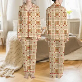 Women's Warm Beige Brown Tartan Plaid Adorned with Red Hearts & Soft Pink Bows Satin Pajamas Set