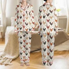 Women's Charming Illustrative Farmyard Hens Roosters Scattered Print in Terra Cotta, Charcoal, Beige Satin Pajamas Set