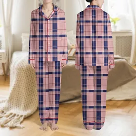 Women's Classic Navy Blue Blush Pink Burgundy White Intersecting Plaid Pattern Satin Pajamas Set