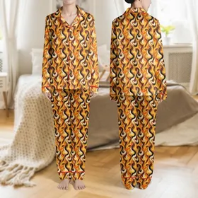 Women's Abstract Fiery Orange Golden Yellow Flame Swirls Chocolate Brown Beige Blocks Seamless Pattern Satin Pajamas Set