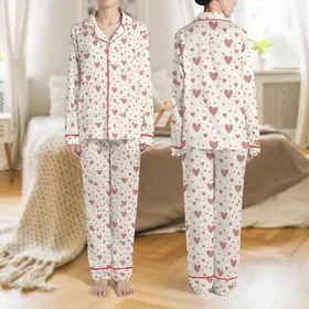 Women's Sweet Cream Dusty Rose Pink Scattered Hearts Dots Stars Pattern Satin Pajamas Set