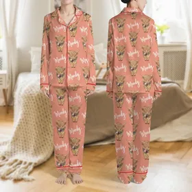 Women's Whimsical Highland Cow, Dusty Rose Floral, & 'Moody' Script on Soft Coral Satin Pajamas Set