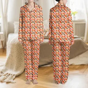 Women's Warm Light Beige Abstract Flame Wave Pattern with Fiery Red, Bright Orange, Black, Pale Apricot & Vivid Magenta Satin Pajamas Set