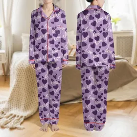 Women's Soft Lilac Dark Purple Scattered Hearts Whimsical White 'Love' Script Pattern Satin Pajamas Set