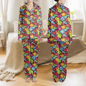 Women's Vibrant Multi-Color Flat Graphic Floral Design on Black with Contrasting Dot Centers Satin Pajamas Set