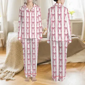 Women's Pastel Pink White Vertical Stripe Delicate Vibrant Bow Ribbon Pattern Satin Pajamas Set