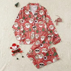Women's Playful Cartoon Cool Santa Shades Gold Chain Tree Wine White Red Pattern Satin Pajamas Set