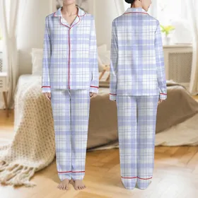 Women's Gentle Periwinkle Off-White Dreamy Soft-Edged Plaid Cloud Star Pattern Satin Pajamas Set
