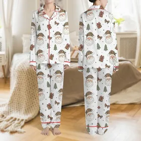 Women's Whimsical Leopard Print Santa, Holly, Trees & Stars Festive Christmas Pattern Satin Pajamas Set