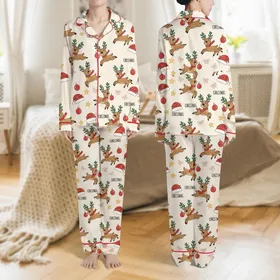 Women's Creamy Off-White Playful Reindeer, Red Santa Hats & Golden Star Pattern Satin Pajamas Set