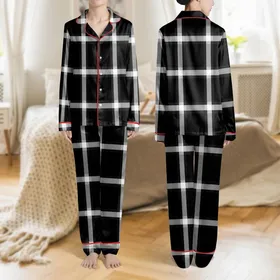 Women's Classic Black White Charcoal Grey Geometric Plaid Tartan Grid Pattern Satin Pajamas Set