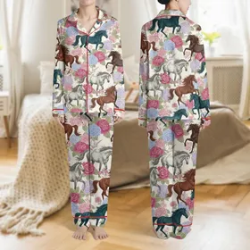 Women's Painterly Galloping Horse & Peony Rose Wildflower Fuchsia Teal Pattern Satin Pajamas Set