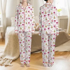 Women's White Holiday Cartoon Santa Deer Gift Box Fuchsia Pink Red Christmas Tree Stars Pattern Satin Pajamas Set