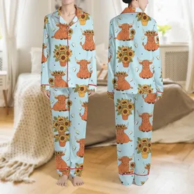 Women's Whimsical Illustrative Sky Blue Reddish-Brown Highland Cow Sunflower Floral Design Satin Pajamas Set