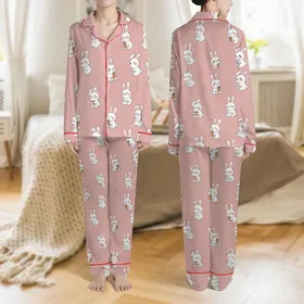 Women's Kawaii White Bunnies Holding Orange Carrots Repeating Pattern on Soft Rosy Pink Satin Pajamas Set