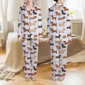 Dachshund Lovers' Cheerful Cartoon Dachshund Dog Seamless Pattern, Pastel Lavender, Multi-Color Poses, Sunglasses & Hearts Satin Pajamas Set