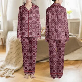 Elegance Lovers' Deep Burgundy White Interlocking Geometric Scrollwork Quatrefoil Pattern Satin Pajamas Set