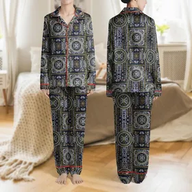 Set of 3 Women's Folk Tribal Pattern Long Pants: Midnight Blue Taupe Green, All Seasons