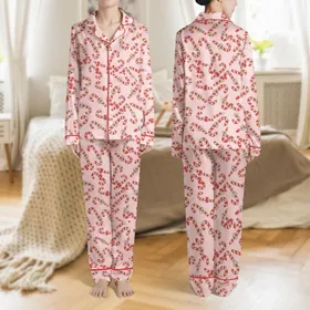 Women's Whimsical Red Mint Candy Cane Repeating Pattern on Soft Baby Pink Satin Pajamas Set