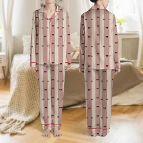 Women's Cozy Feminine Dusty Rose & Oatmeal Vertical Ribbed Stripe with Black Bow & Ruffle Accents Satin Pajamas Set