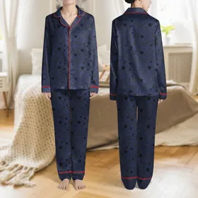 Women's Navy Blue Charcoal Gray Monochromatic Scattered Solid & Outline Hearts Pattern Satin Pajamas Set