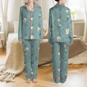 Cozy Style Enthusiasts' Muted Teal Cable Knit Texture with Playful Beige Cartoon Bears & 'HELLO BEAR' Text Satin Pajamas Set