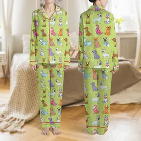 Women's Playful Dog Breeds Polka Dots Stripes Lime Green Hot Pink Hearts Illustrative Pattern Satin Pajamas Set