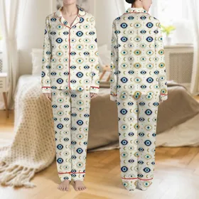Women's Mystical Eye Amulet, Turquoise Gold Celestial Moons Stars & Radiating Lines Pattern Satin Pajamas Set