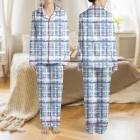 Women's Dusty Blue Plaid Whimsical Dreamy Eye Moon Star Pattern Satin Pajamas Set