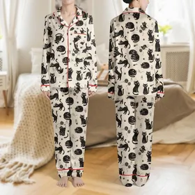 Cat Lovers' Whimsical Black Cats Cream All-Over Illustrative Pattern Satin Pajamas Set