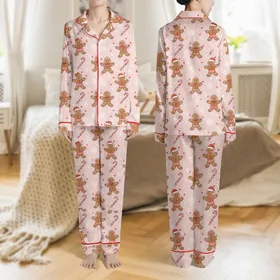 Women's Pale Pink Whimsical Gingerbread Men Red White Candy Cane Snowflakes All-Over Print Satin Pajamas Set