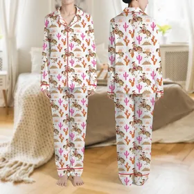 Women's Whimsical Tan Brown Rodeo Cowboys Bucking Broncos Pink Heart Saguaro Cactus Desert Pattern Satin Pajamas Set