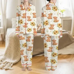 Farm Animal Fans' Whimsical Highland Calf Sunflower Butterfly Meadow Pattern on Cream Satin Pajamas Set