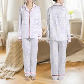 Women's Pastel Lavender Creamy White Delicate Stylized Lace Abstract Botanical Seamless Print Satin Pajamas Set