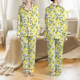 Women's Vibrant Watercolor Yellow Lemons Green Leaf & White Blossom All-Over Pattern Satin Pajamas Set