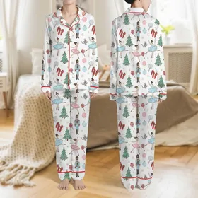 Women's Whimsical Hand-Drawn Nutcracker Ballet Pattern with Ballerinas, Soldiers, Trees, and Lollipops in Pastel Blue, Pink, Red, Gold Satin Pajamas Set