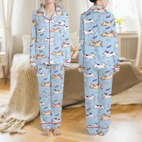 Women's Playful Hand-Drawn White Brown Dog, Bone & 'WOOF' All-Over Sky Blue Pattern Satin Pajamas Set