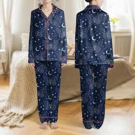 Night Sky Dreamers' Deep Navy Celestial Butterfly Star Moon Constellation Pattern Satin Pajamas Set
