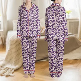 Women's Deep Plum Creamy Off-White Interlocking Abstract Botanical Floral Leaf Pattern Satin Pajamas Set
