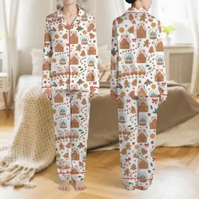 Women's Whimsical Pink Icing Gingerbread House Train Red Holly Flat Art Pattern Satin Pajamas Set