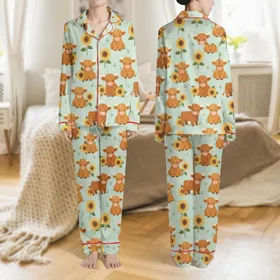 Women's Playful Shaggy Highland Calves & Bright Sunflower Meadow Print on Soft Mint Green Satin Pajamas Set