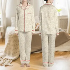 Women's Elegant Abstract Organic Pattern: Intertwining Natural Forms in Soft Beige & Muted Gold Satin Pajamas Set