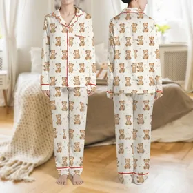 Women's Creamy Off-White Cozy Brown Teddy Bear Dreamscape Pattern with Stars Moons Clouds Satin Pajamas Set