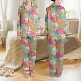 Women's Bohemian Maximalist Patchwork Quilt Floral Paisley Damask Design in Pastel Rose & Deep Indigo Satin Pajamas Set