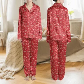Festive Celebrators' Vibrant Christmas Red Hand-Drawn 'Ho Ho Ho' Text, Snowflake, Candy Cane & Present Pattern Satin Pajamas Set
