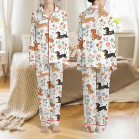 Women's Whimsical Dachshund Garden Floral Pattern in Rose Pink Peach Blue Green on White Satin Pajamas Set