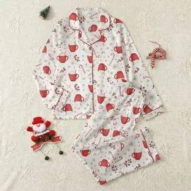 Women's Whimsical Festive Red White Golden-Brown Candy Cane Mug Berry Snowflake Pattern Satin Pajamas Set
