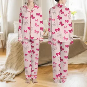 Women's Whimsical Fuchsia Hot Pink Magenta Bows with Crisp Black Outlines on Soft Blush Pink Satin Pajamas Set